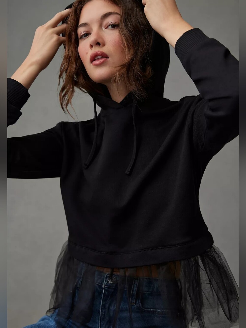 Pilcro Anthropologie Women's Tulle-Hem Hoodie Size L Whimsigoth Witchy Black